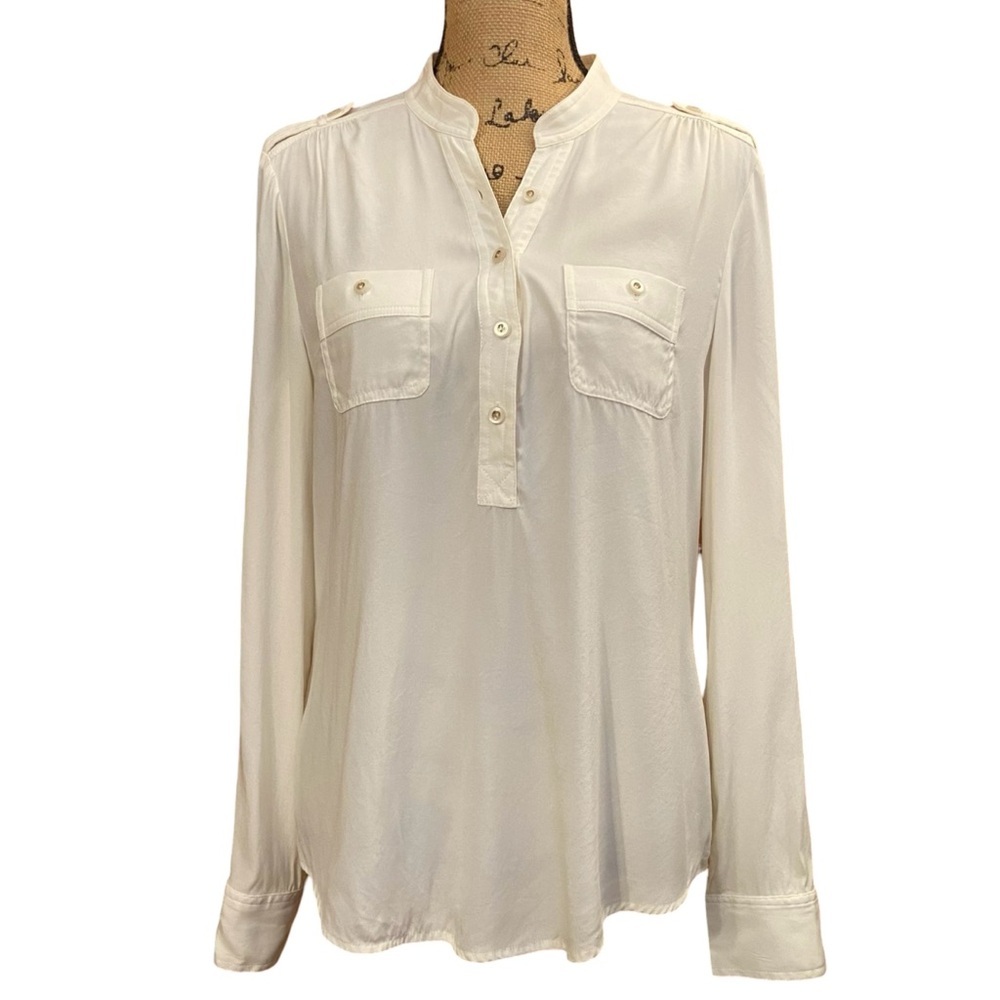 Cache Cream Mock Neck Half Button Up Blouse Size Large